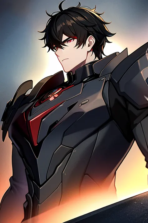 Man with black hair, dark eyes and black armor with red details with a black rose. With the face of a handsome man (detailed in ...