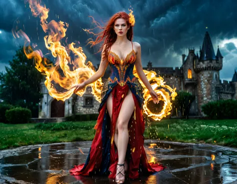 a sorceress of fire making fire dance in a the (storm of rain: 1.3), a most exquisite beautiful sorceress, controlling fire mani...