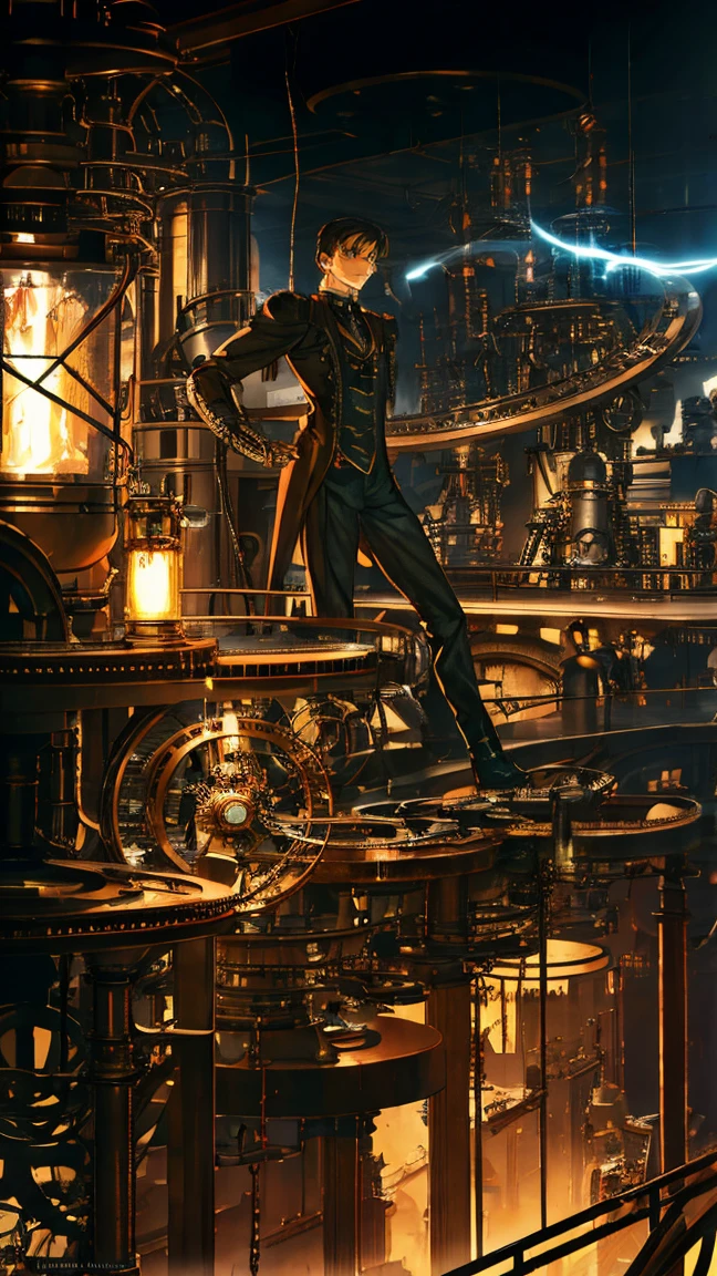 Nikola Tesla, Teslapunk, Steampunk, 1 man,extremely detailed body, wearing a steampunk style suit, mechanical gears, tesla coils, electricity sparks, gears and machinery, cogs, industrial, clockwork, brass, copper, steam, futuristic, cinematic lighting, dramatic shadows, hyper realistic, 8K, 4k, photorealistic, hyperdetailed, masterpiece