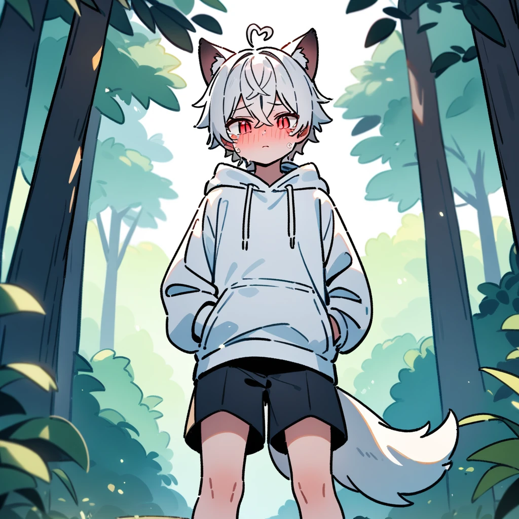 （masterpiece：1.2，high quality），8K，High resolution，A seven-year-old boy，cute boy，white hair，short hair，crossed bangs，red eyes，slit pupils，heart ahoge，cat ears，full-face blush，expressionless eyes，tears，Wearing a white hoodie，Black shorts，Stand in the forest，There are flowering trees on both sides.，primary school student，thigh，alone，dog tail，（Put your hands in your pockets），（（Put your hands in your pockets））