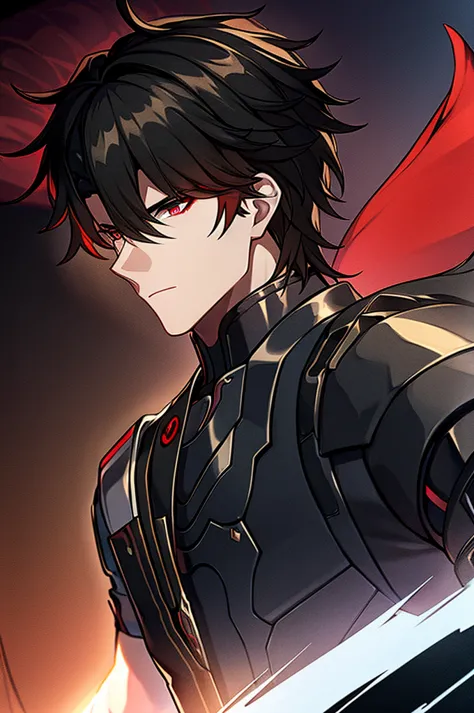 Man with black hair, dark eyes and black armor with red details with a black rose. With the face of a handsome man (detailed in ...