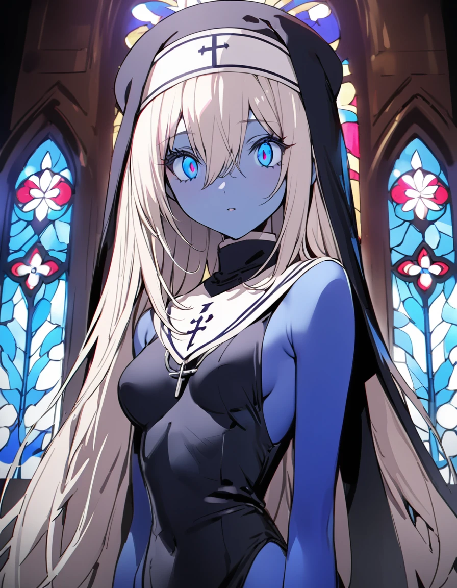 ((masterpiece,High resolution,Highest quality,8K,Detailed faces and anatomy))
(18-year-old female,Slender figure,medium breasts)
(Shining silver hair,semi-long,hairs between eyes,Messy Hair)
(beautiful blue skin,Beautiful blue eyes,Glowing Eyes,Big Eyes,Long eyelashes)
church,Stained glass
(nun,Monastic Clothes)