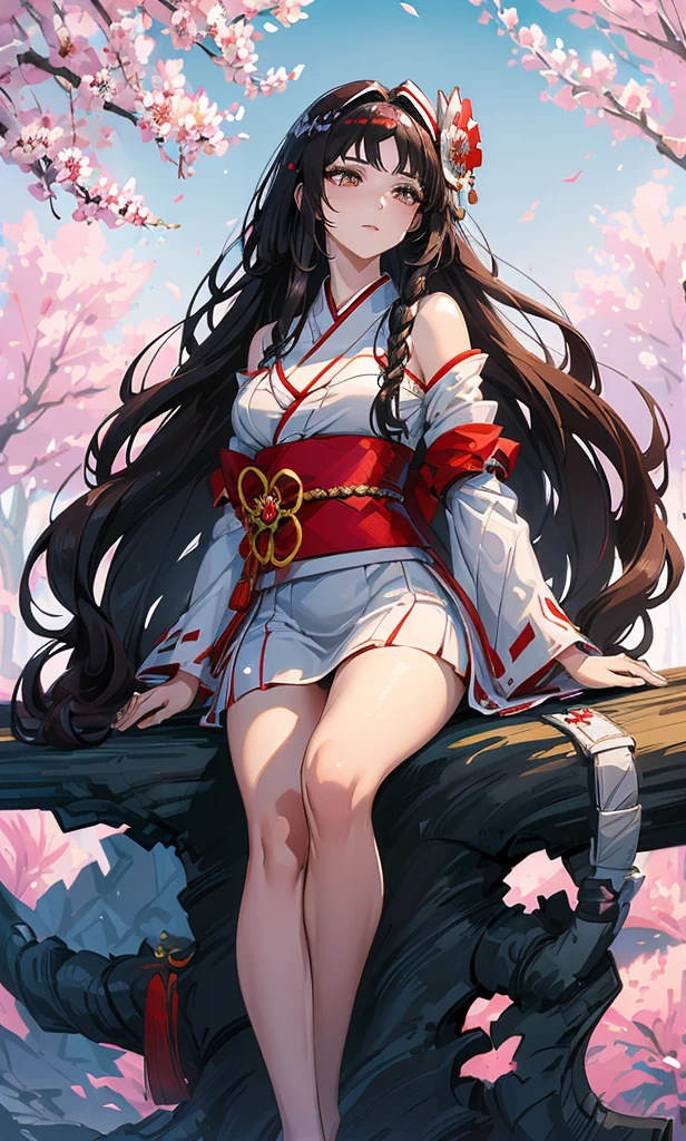 (tmasterpiece:1.2),, A woman, Sitting under a tree, Blossoming flowers, wearing jewelry, in a dress, through her hair, Flowing long hair, adorned with a hairpin, gazing at the viewer, in traditional Japanese attire, dark hair, floral hairpin, Auburn hair, bare shoulders, cascading hair, wide kimono sleeves, long sleeves, amber eyes.