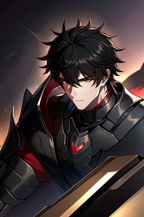 Man with black hair, dark eyes and black armor with red details with a black rose. With the face of a handsome man (detailed in ...