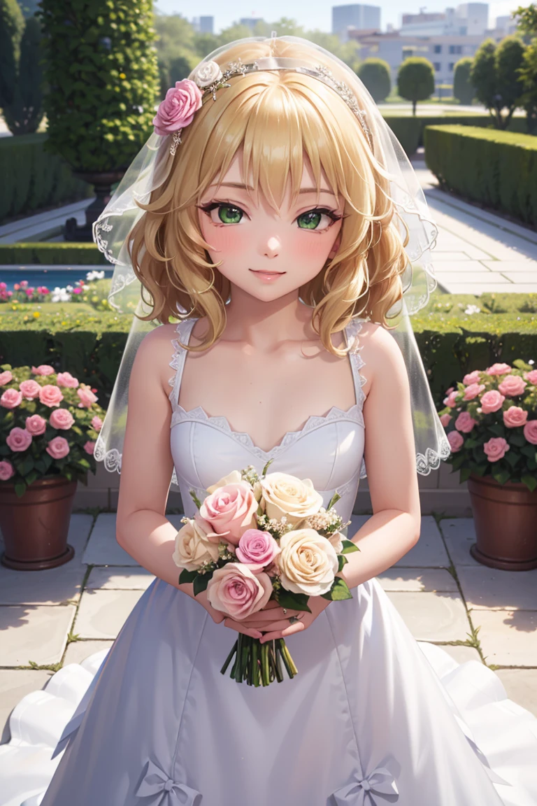 masterpiece,Highest quality, Very detailed,One Girl(Sakurai Momoka, Adorable little breasts, Wavy Hair, blonde, head band, Pink flower in hair,Green Eyes), A face in love,  Cute Smile, Release your lips, nose blush, blush, In-person audience , View your audience, Tilt your head, alone,  White Wedding Dress, Frills, Veil,  Grab a bouquet,  in the garden, Are standing, Seduce your sexy waist 