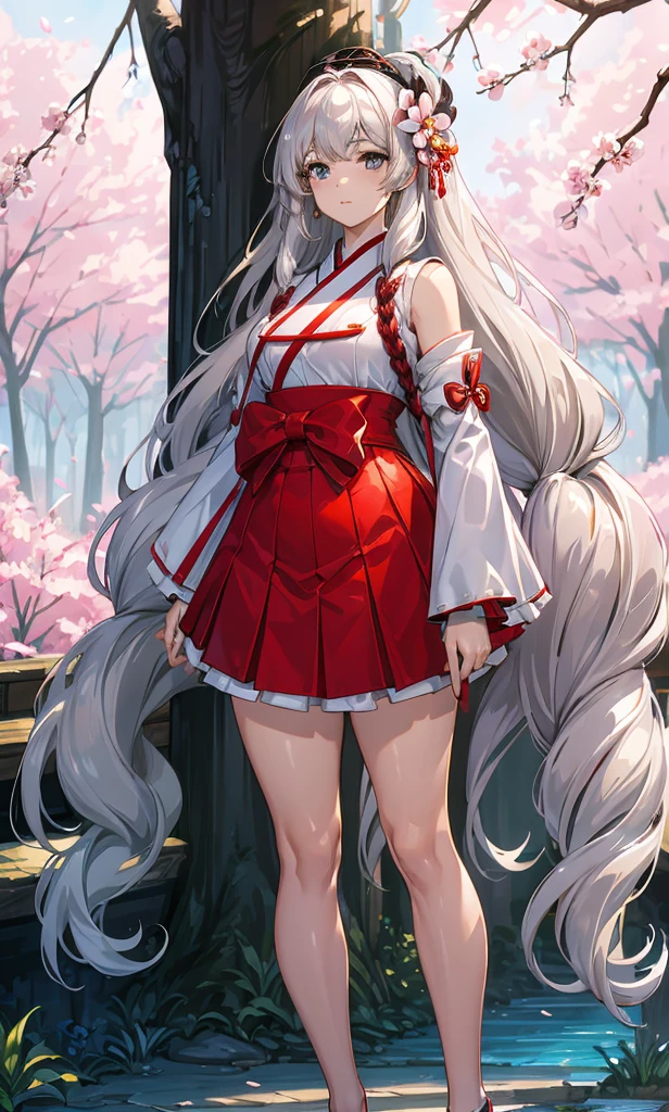 (tmasterpiece:1.2),, A young girl, Standing in a garden, with blooming blossoms, wearing accessories, in a skirt, beside a large tree, through her locks, silky long hair, with hair decorations, looking at the camera, dressed in Korean hanbok, black tresses, hair flower, chestnut hair, exposed shoulders, very lengthy hair, voluminous sleeves, extra long sleeves, light brown eyes.