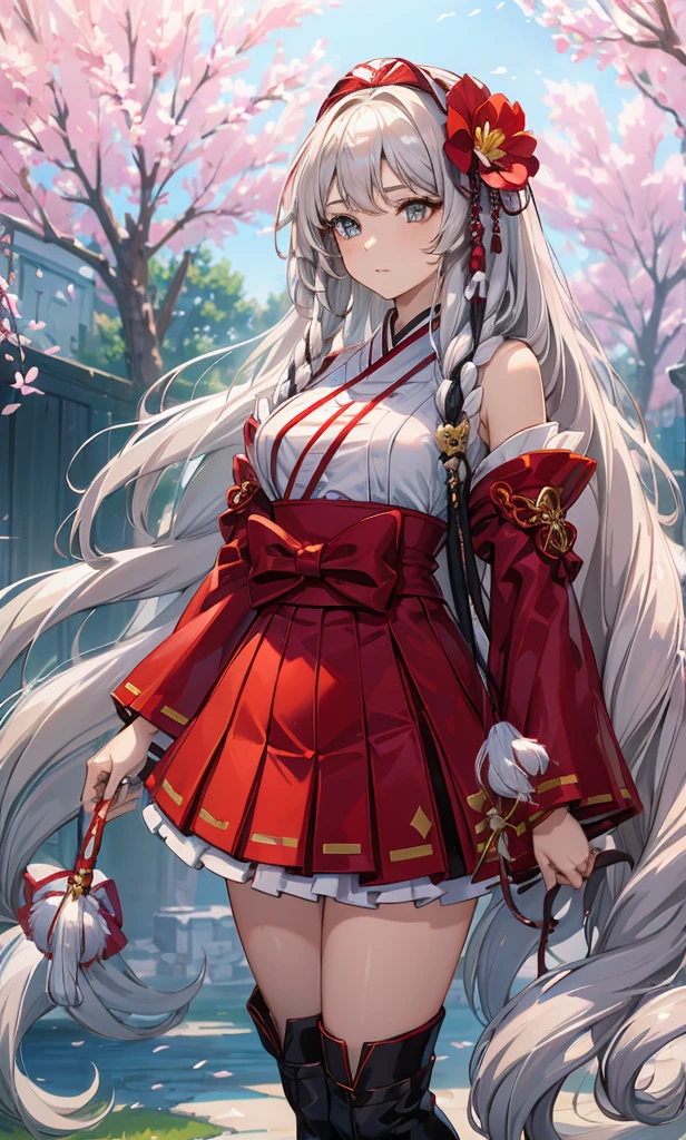 (tmasterpiece:1.2),, A young girl, Standing in a garden, with blooming blossoms, wearing accessories, in a skirt, beside a large tree, through her locks, silky long hair, with hair decorations, looking at the camera, dressed in Korean hanbok, black tresses, hair flower, chestnut hair, exposed shoulders, very lengthy hair, voluminous sleeves, extra long sleeves, light brown eyes.