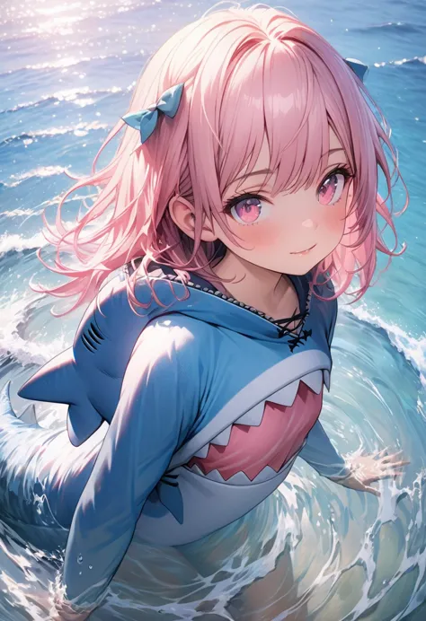 masterpiece, Highest quality, Highly detailed CG Unity 8k wallpaper, Illustration of a cute girl in a shark costume. Playing in ...