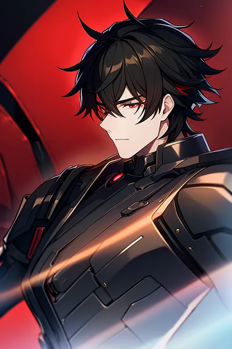 Man with black hair, dark eyes and black armor with red details with a black rose. With the face of a handsome man (detailed in ...