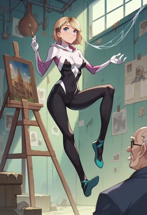 masterpiece , best quality , masterpiece , best quality , spider gwen , 1 woman, mask , leotard , abdomen , big breasts , long l...