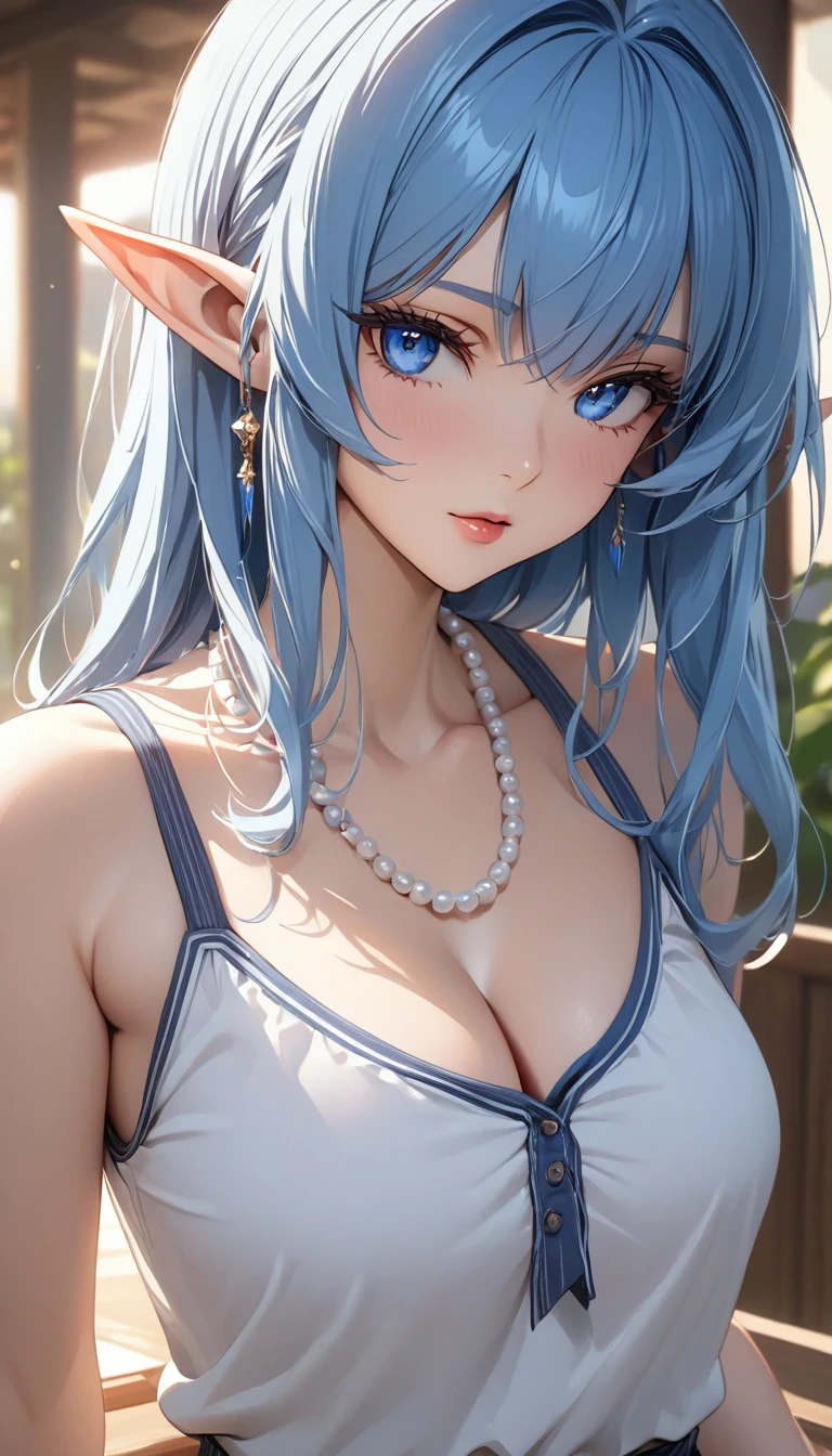 pointy ears, anime style, masterpiece, accurate, textured skin, high quality, best quality, highres, high details, super detail, elf, gorgeous adult woman, long neck, long blue hair, bangs, perfect eyes, cleavage, soft light, high quality, 4k resolution, casual clothes, bead necklace