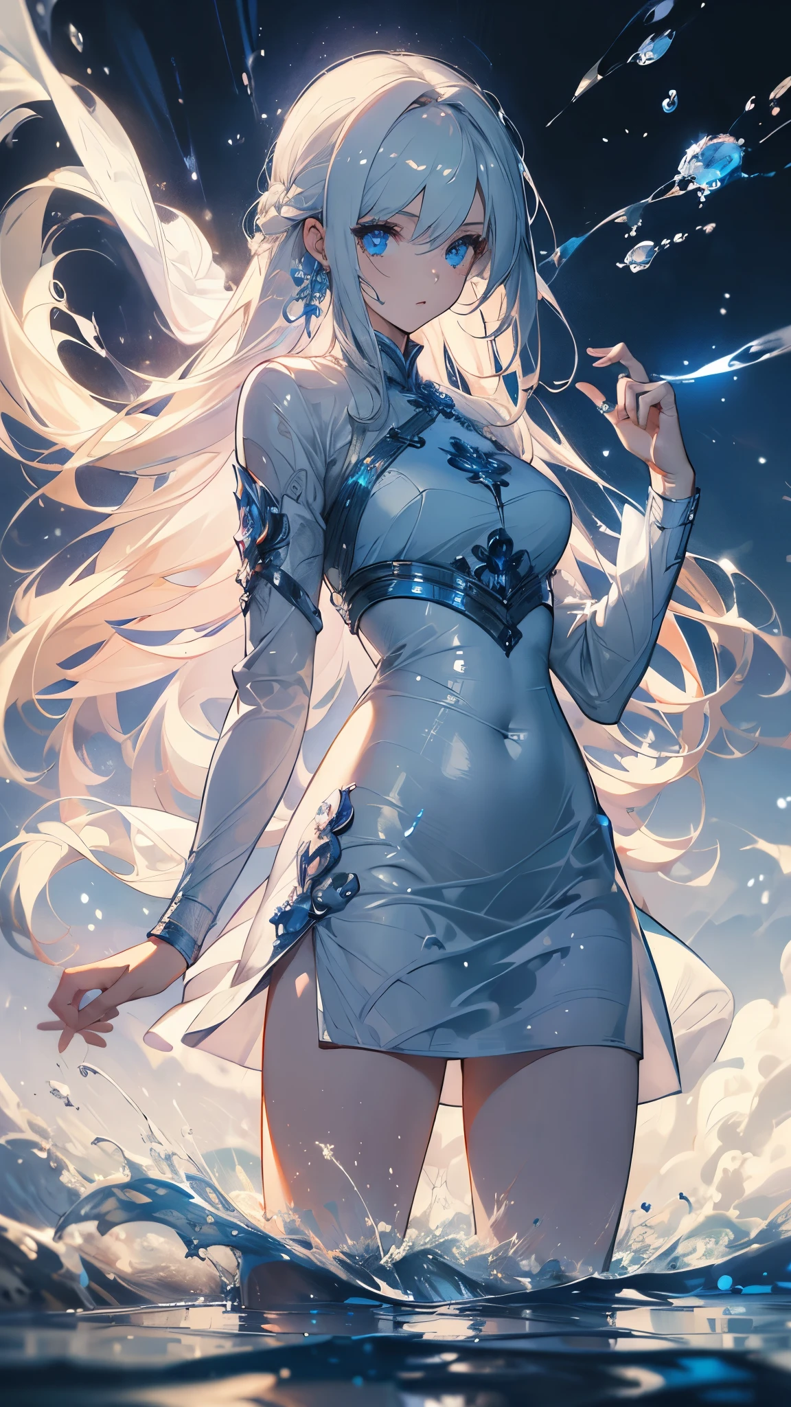 ((masterpiece, best quality)), Epic battlefield atmosphere，Water Ripples，Delicate face，Pure white background，Depicts a beautiful goddess with long hair, Flowing white hair，whole body，Standing picture，Shining blue eyes，She is wearing a white cheongsam，Perfect body proportions