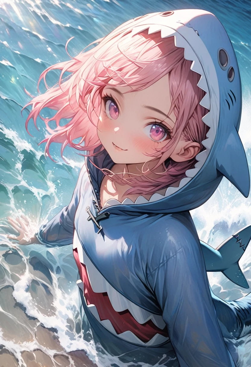 masterpiece, Highest quality, Highly detailed CG Unity 8k wallpaper, Illustration of a cute girl in a shark costume. Playing in the sea. Sunlight reflecting off the sea, Produce a variety of colors. The background is a realistic representation,Wearing a hood,Pink bob hair,Bangs,Align your bangs evenly,Pink Eyes,