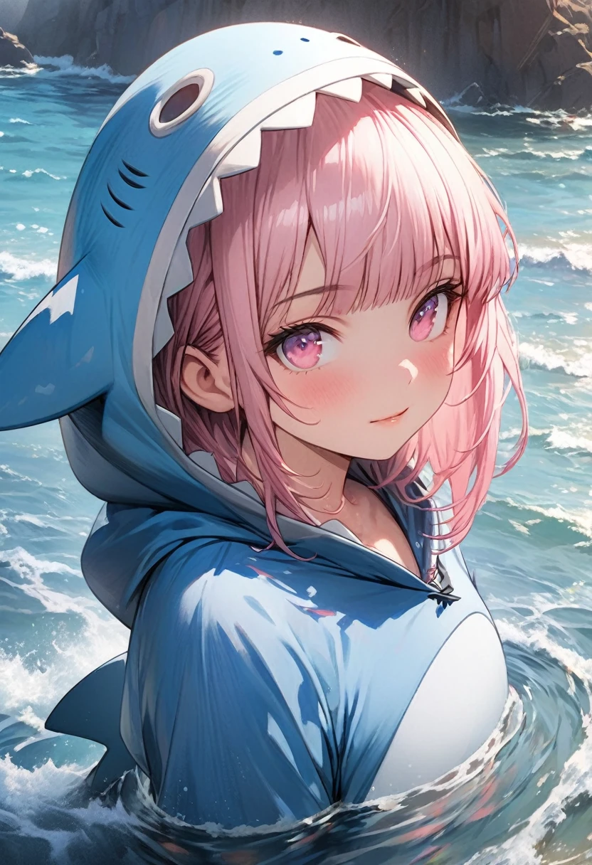 masterpiece, Highest quality, Highly detailed CG Unity 8k wallpaper, Illustration of a cute girl in a shark costume. Playing in the sea. Sunlight reflecting off the sea, Produce a variety of colors. The background is a realistic representation,Wearing a hood,Pink bob hair,Hime cut,Align your bangs evenly,Pink Eyes,