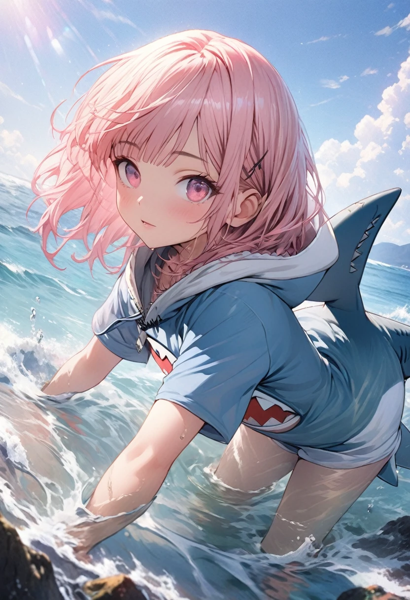 masterpiece, Highest quality, Highly detailed CG Unity 8k wallpaper, Illustration of a cute girl in a shark costume. Playing in the sea. Sunlight reflecting off the sea, Produce a variety of colors. The background is a realistic representation,Wearing a hood,Pink bob hair,Hime cut,Align your bangs evenly,Pink Eyes,