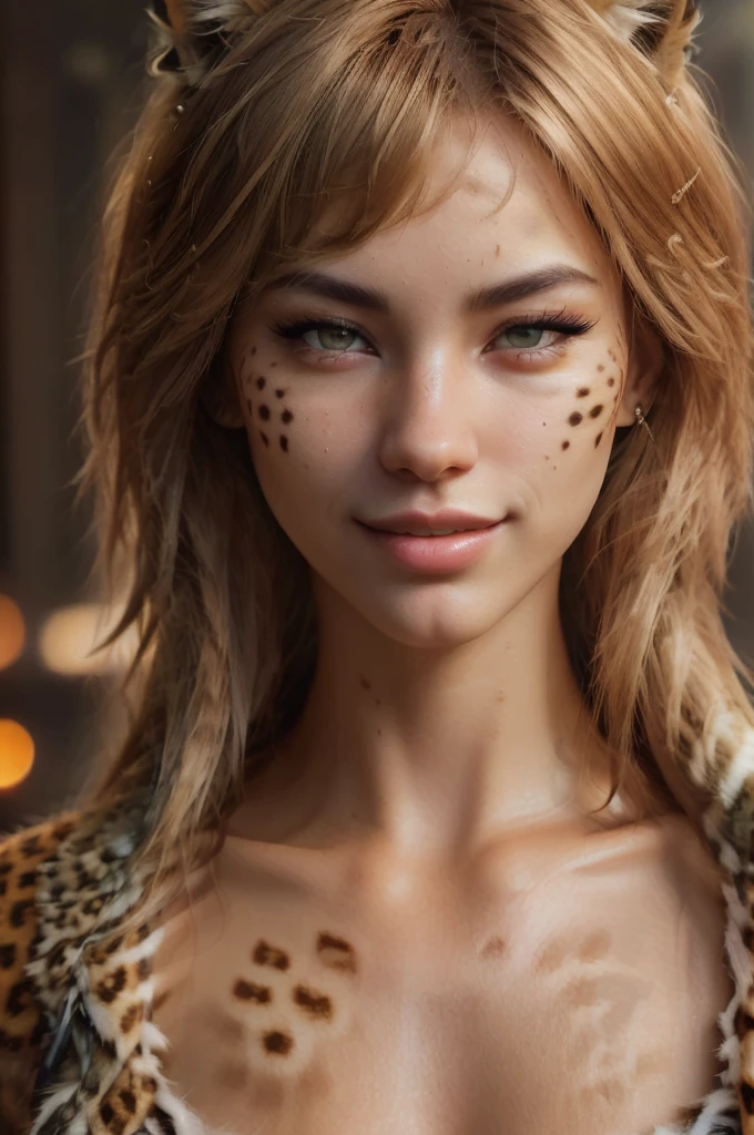 21 year old Scandinavian glamour model, detailed eyes, eyelashes, forehead, short hair, blonde hair, looking at viewer, smile,cheetah girl, Realistic fur, perfect depth details