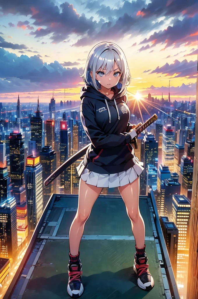 (masterpiece), (best quality), (ultra detailed), (high res 8K), 1 girl, late teenage, standing, contrappost, full body, low angle, hoody, mini-skirt,((katana)), short hair, silver hair, serious, looking away, cityscape in Tokyo, night, rim lighting, high contrast, professional lighting, stunning face, symmetrical clear eyes, detailed eyes and face,(near future)