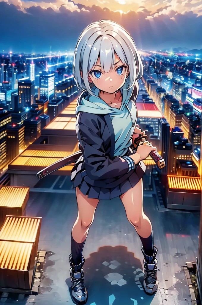 (masterpiece), (best quality), (ultra detailed), (high res 8K), 1 girl, late teenage, standing, contrappost, full body, low angle, hoody, mini-skirt,((katana)), short hair, silver hair, serious, looking away, cityscape in Tokyo, night, rim lighting, high contrast, professional lighting, stunning face, symmetrical clear eyes, detailed eyes and face,(near future)