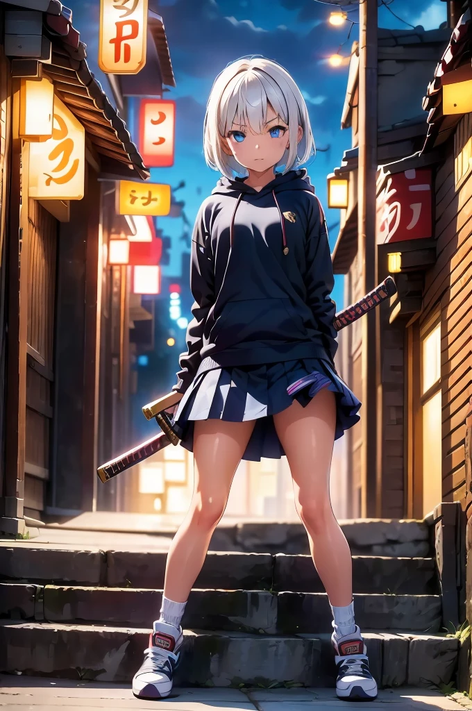 (masterpiece), (best quality), (ultra detailed), (high res 8K), 1 girl, late teenage, standing, contrappost, full body, low angle, hoody, mini-skirt,((katana)), short hair, silver hair, serious, looking away, cityscape in Tokyo, night, rim lighting, high contrast, professional lighting, stunning face, symmetrical clear eyes, detailed eyes and face,(near future)