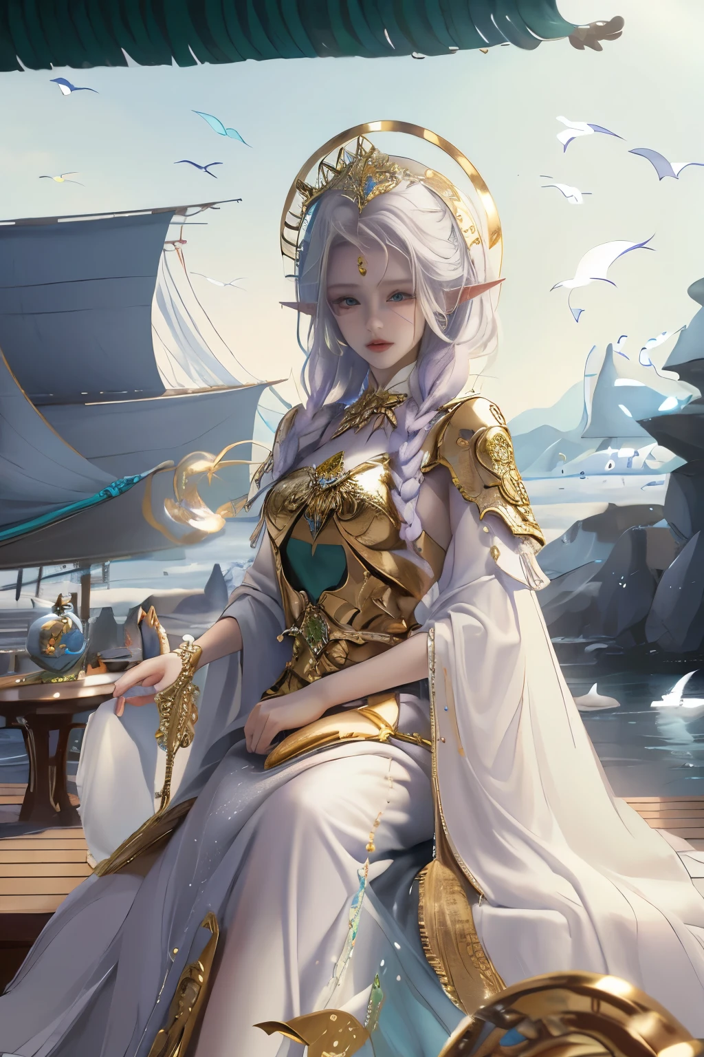 (((masterpiece, best quality, HD, High Detail)))), ((((fantasy))), one, (Elf Woman)))), (White skirt with gold embroidery), (Long straight blond hair), (Lustrous dark green eyes), (White ruffle top with gold embroidery), Large target, (((On the deck of a sailboat at sea)), (Vast sea))), (Sky with clear clouds)), (( Seagulls flying in the sky)), Smile, (breeze), Flying light particles