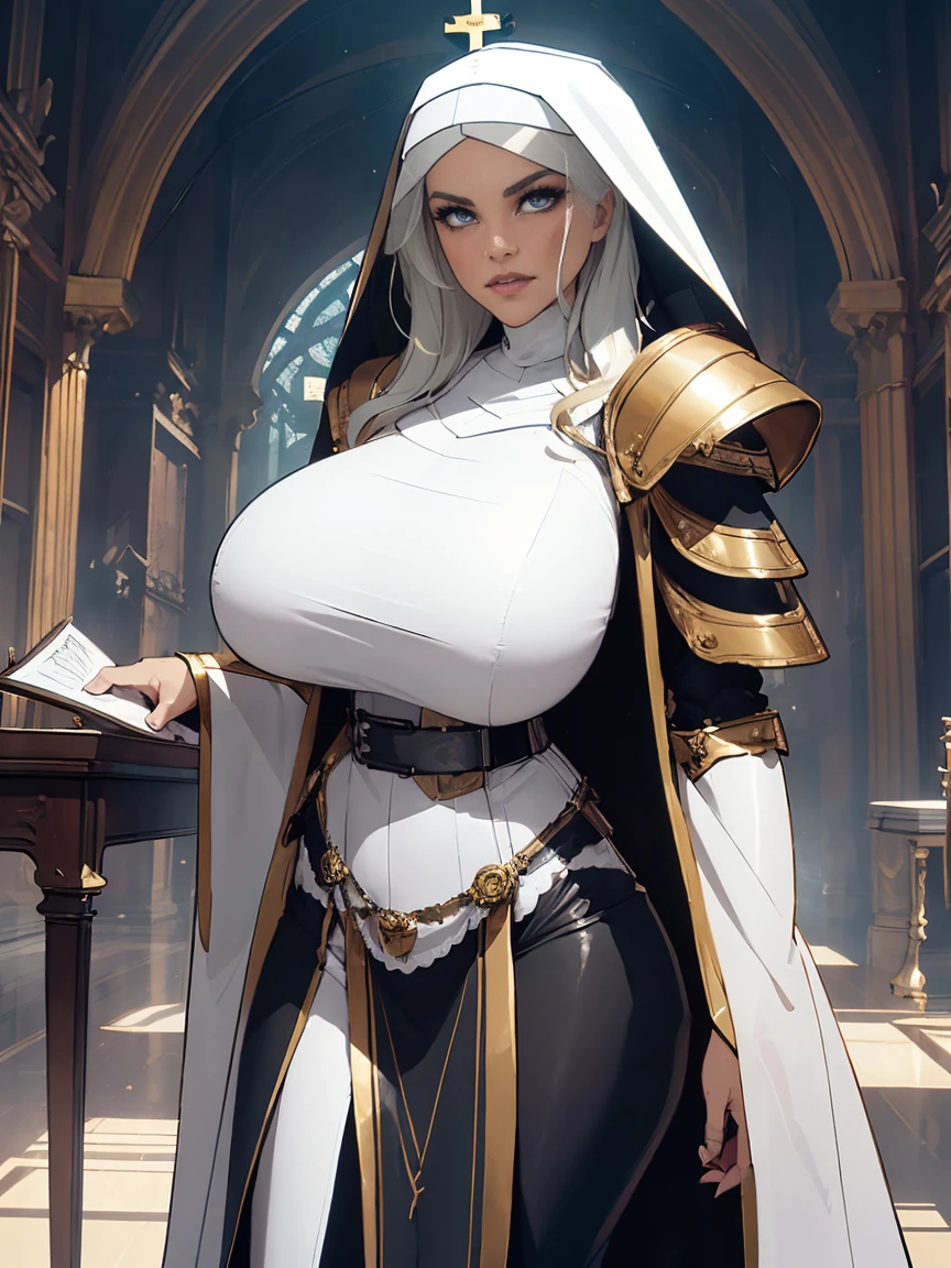 (masterpiece, top quality, best quality, official art, beautiful and aesthetic:1.2), (1girl:1.3), ((Sharp facial features, sharp features, hawkish features)), ((grey eyes)), busty paladin knight girl, extremely detailed, portrait, looking at viewer, solo, (full body:0.6), detailed background, full-body shot, (cold mountain nighttime glacier theme:1.1), holy knight, (nun), charlatan, smirk, mysterious, swaying in mountains, armor, polished metal, gold trim, long boots, white fabric, pelvic curtain, robe, pale leather, ((((nun, crossbow, heavy armor, armored, long legs, robes, prayer scrolls, toned, muscular)))), slim waist, slim hips, long legs, medieval (mountain exterior:1.1) background, dark mysterious lighting, shadows, magical atmosphere, dutch angle