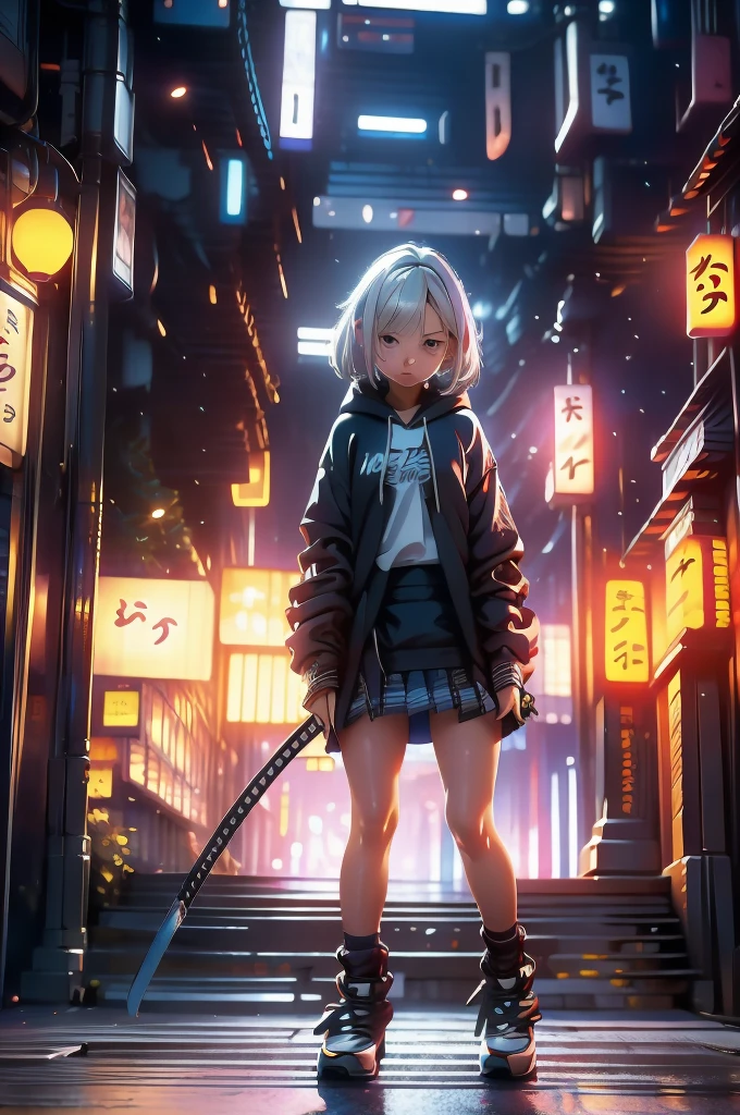 (masterpiece), (best quality), (ultra detailed), (high res 8K), 1 girl, late teenage, standing, contrappost, full body, low angle, hoody, mini-skirt,((katana)), short hair, silver hair, serious, looking away, cityscape in Tokyo, night, rim lighting, high contrast, professional lighting, stunning face, symmetrical clear eyes, detailed eyes and face,(near future)
