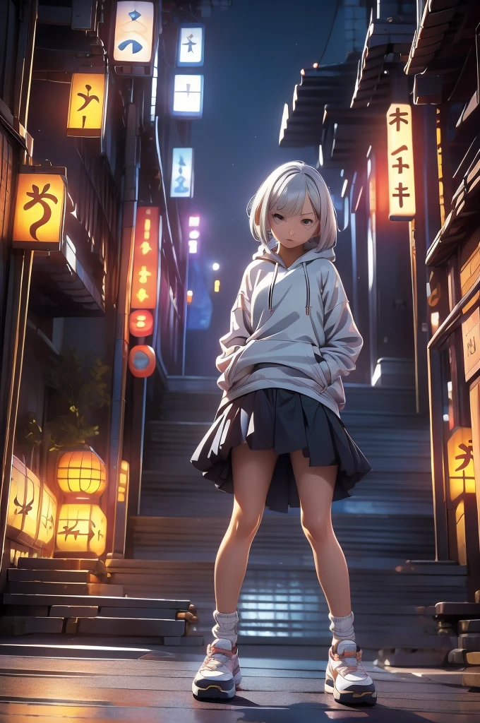 (masterpiece), (best quality), (ultra detailed), (high res 8K), 1 girl, late teenage, standing, contrappost, full body, low angle, hoody, mini-skirt,((katana)), short hair, silver hair, serious, looking away, cityscape in Tokyo, night, rim lighting, high contrast, professional lighting, stunning face, symmetrical clear eyes, detailed eyes and face,(near future)