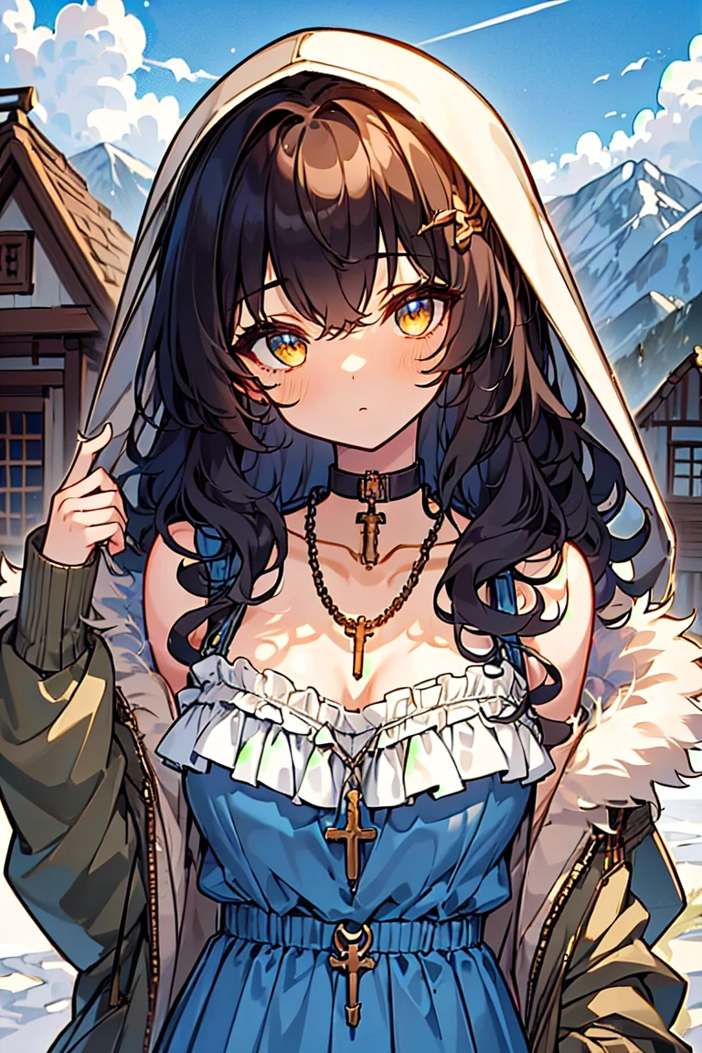 (masterpiece:1.2), (high quality:1.2), girls with((black hair, (wavy long hair, one side up:1.3), bare shoulders, breasts, choker, cleavage, coat, collar, collarbone, cowboy shot, dress, blue clothes, camisole, rosary, rosary choker, cross, necklace, fur, fur collar, fur trim, hood down, hooded jacket, hoodie, jacket, large breasts, long hair, long sleeves, black belt, suspenders, medium breasts, medium hair, necklace, open clothes, open hoodie, sleeveless, solo, winter clothes, zipper, cleavage, upper body, hand up, waving, palm)), background with((architecture, blue sky, bush, castle, village, no humans, cloud, cloudy sky, day, field, garden, grass, hill, house, lamppost, landscape, mountain, mountainous horizon, nature, no humans, outdoors, scenery, shrine, sky))