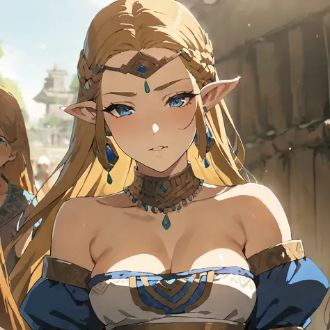 ((Highest quality)), ((masterpiece)), (detailed), （Perfect Face）、The woman is Queen Zelda of the Gerudo tribe, blonde with blue ...