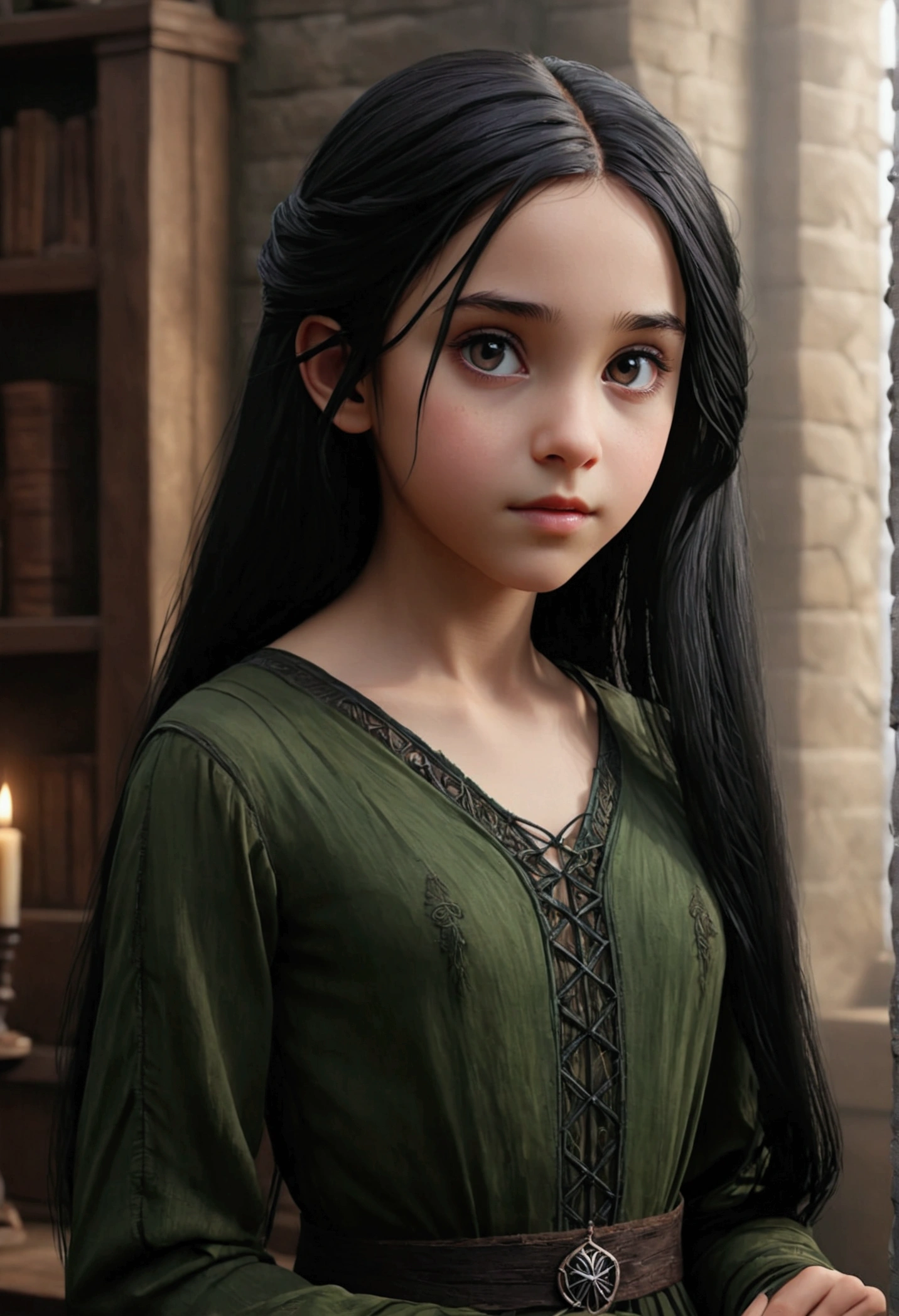 daughter of severus snape, (best quality,4k,8k,highres,masterpiece:1.2),ultra-detailed,realistic,portrait of a beautiful 10-year-old teen with black hair, 1girl in、AS-Adult、elvish、Forester、（small tits）Upper body portrait、
