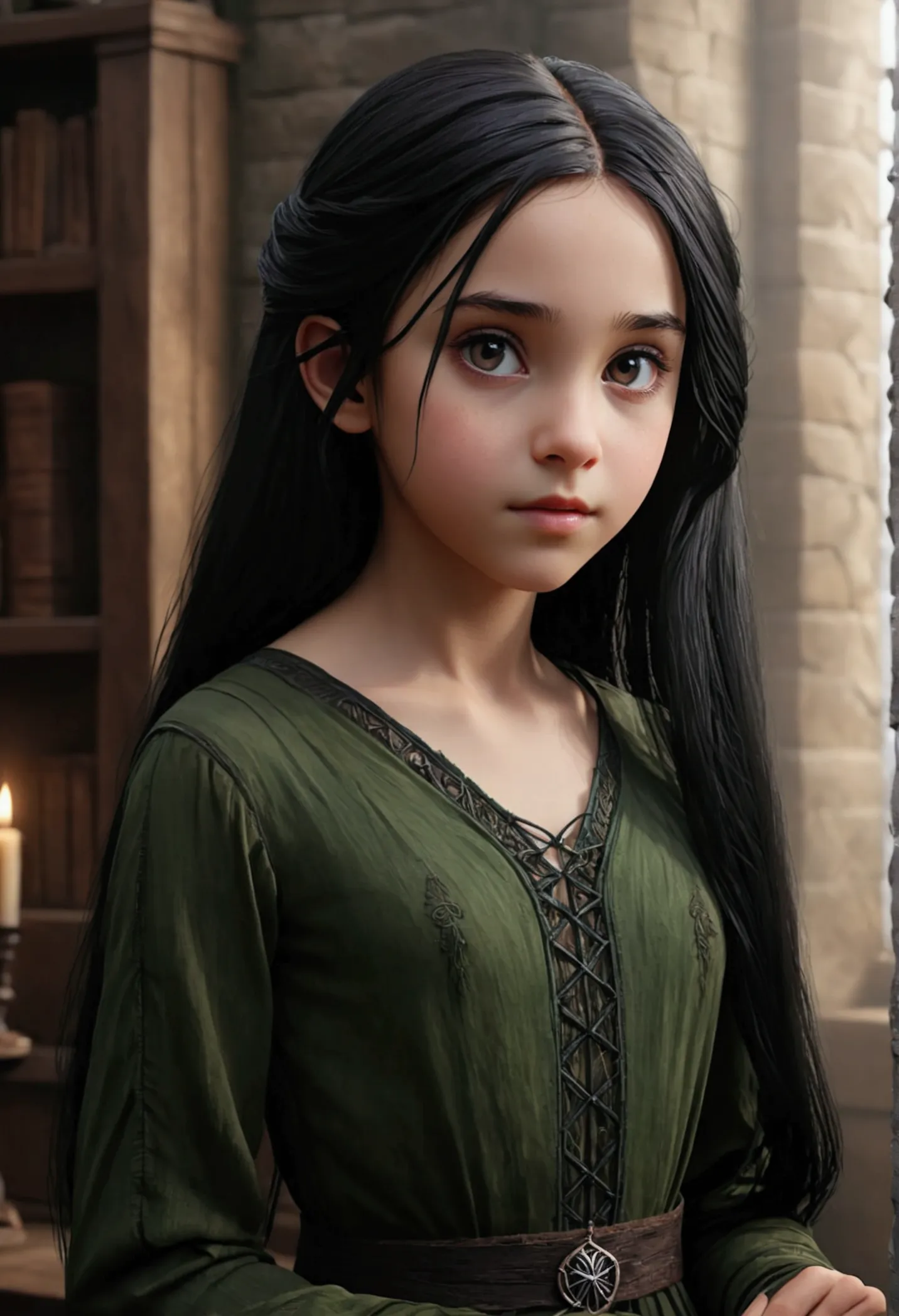 daughter of severus snape, (best quality,4k,8k,highres,masterpiece:1.2),ultra-detailed,realistic,portrait of a beautiful 10-year...