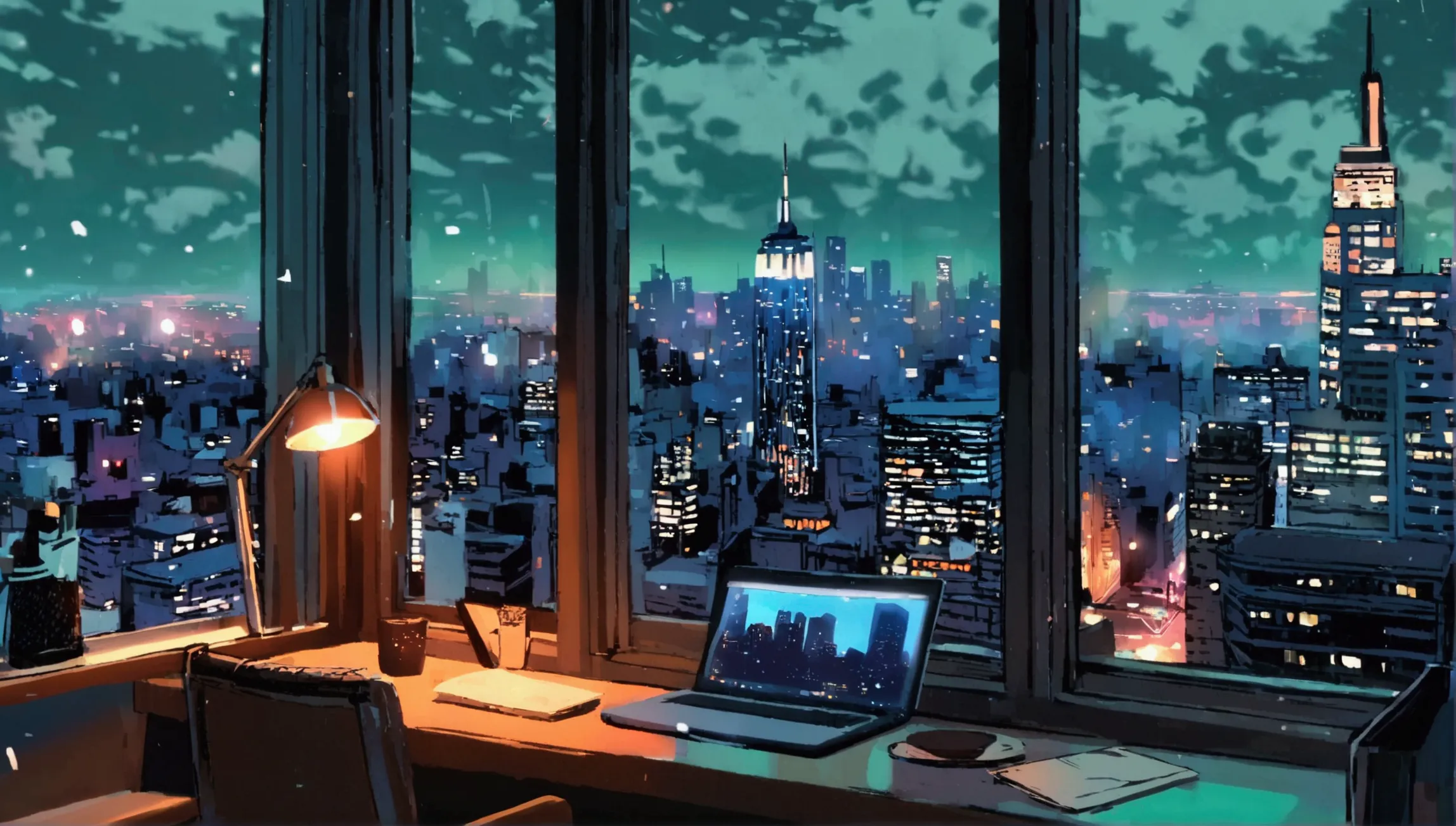 unattended, night, new york, cozy study desk, large windows overlooking beautiful cityscape, (looking at the scenery), cafe, lap...