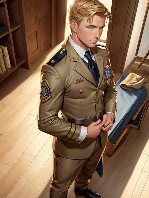 : Leyendecker style illustration : A handsome blond guy, 17 years old, looks at the ceremonial officer's uniform of a "Navy Seal...