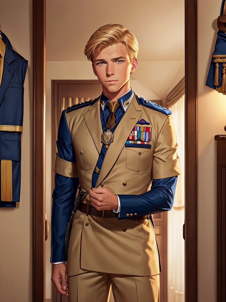 : Leyendecker style illustration : A handsome blond guy, 17 years old, looks at the ceremonial officer's uniform of a "Navy Seal" with awards, which hangs on a suit hanger standing on the floor, and engages in masturbation. Watching him from behind is a naked, blond, muscular Navy SEAL officer, 35 years old, handsome and arrogant. The officer has a big dick, an erection, and a boner.