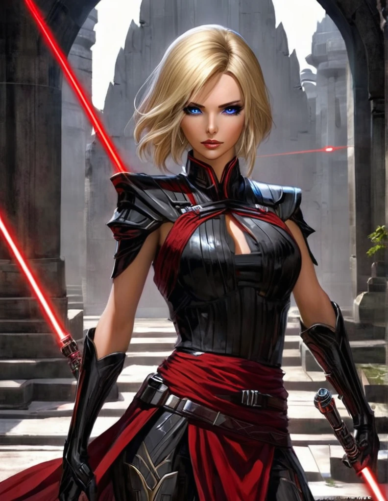 Une femme aux cheveux longs blonde, seule,  sinnliches Aussehen, seigneur sith, inspiriert von Star Wars Old Republic, in schwarzer Körperpanzerung, Ein Spaziergang durch die Ruinen eines dunklen Koriban-Sith-Tempels, sabre laser rouge en main, hat ein starkes Aussehen, goldene Augen, ein sanftes und autoritäres Gesicht , anmutiger Gang, courbes parfaite pour le corps en sablier, hanche ronde en forme de coeur.