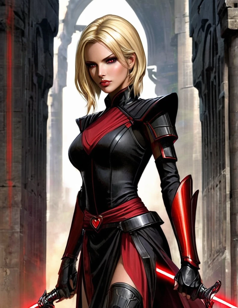 Une femme aux cheveux longs blonde, seule,  apparence sensuelle, seigneur sith, inspiré de star Wars old republic, en armure moulante noir, marche dans des ruines d'un temple sith de koriban sombre, sabre laser rouge en main, a un regard fort, des yeux doré, un visage doux  et autoritaire , démarche gracieuse, courbes parfaite pour le corps en sablier, hanche ronde en forme de coeur.