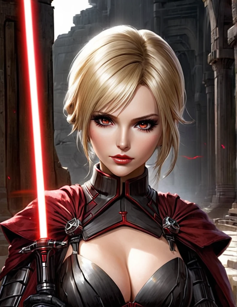 Une femme aux cheveux longs blonde, seule,  apparence sensuelle, seigneur sith, inspiré de star Wars old republic, en armure moulante noir, marche dans des ruines d'un temple sith de koriban sombre, sabre laser rouge en main, a un regard fort, des yeux doré, un visage doux  et autoritaire , démarche gracieuse, courbes parfaite pour le corps en sablier, hanche ronde en forme de coeur.