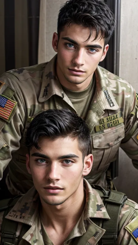 a sexy army man , homoerotic, handsome face,black hair