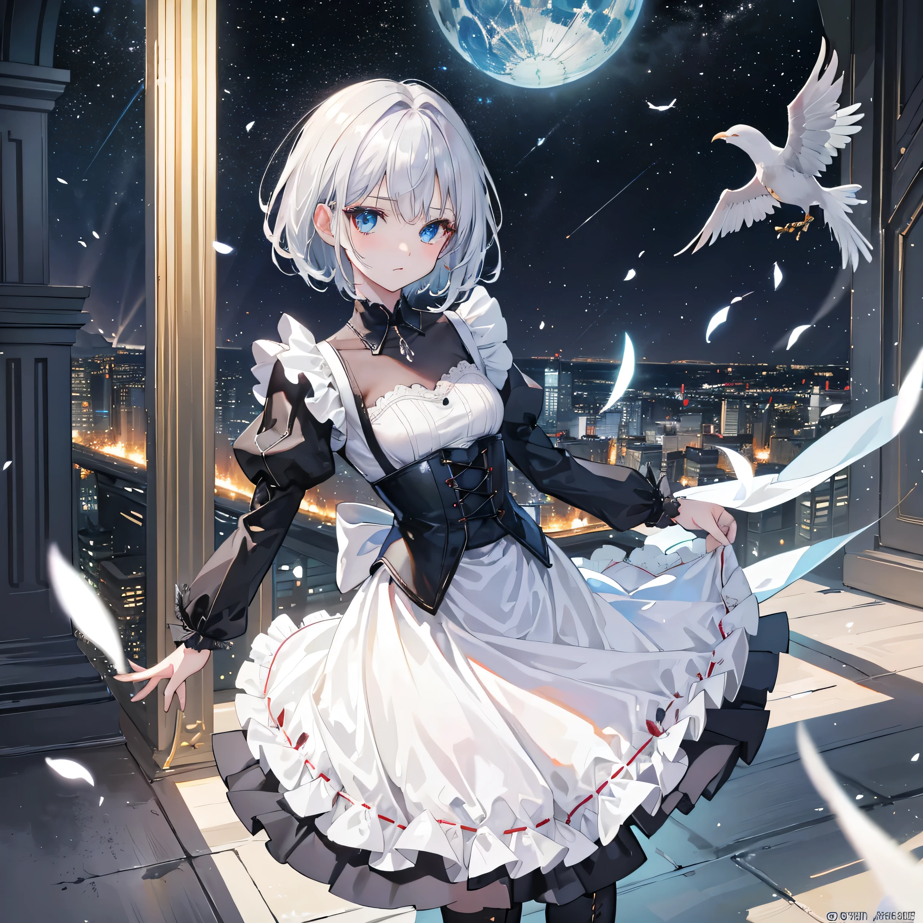 Overhead camera angle, (masterpiece:1.6, Highest quality), (Fine and beautiful eyes: 1.2), Flames, Yaminor, Ranpura, One girl, Flower Field, White Dress, planet, Starry Sky, petal, scenery, Floating Hair, night, No sleeve, Sun skirt, No sleeve dress, Illustration of one person, Dengeki Bunko, Woman Looking Back, Perfect Human Medicine, Woman keeps falling, {{{{{Maid clothes}}}}},,アニメ, two legs, Cool,{{{{{50 year old woman}}}}} ,{{{{{a person is depicted}}}}},(Official Art、{{{{{Upper Bodyアングル}}}}},Highest quality、Unity 8k wallpaper、32k、masterpiece、Ultra-detailed、Ultra-high resolution, Realistic、Grab your hair with your hands, Photorealistic:1.2)、(Cinema Lighting:1.2)、,Fire Glow Effect、The most grainy shadows on the film、Rim Light、Side light、Side Shot、(Ultra-detailed and intricate 3D rendering)、Very short hair, Short wolf hair,Beautiful face and eyes in every detail、Sharp pupils、Realistic students、slender、Highly detailed background、Beautiful Face、Beautiful 16 year old girl、(Ultra-detailedなスキン、Detailed skin texture:1.Silver Hair:1.3)、Blunt bangs、blue eyes、{{{{{黒いMaid clothes}}}}}、White apron costume、Black knee socks、(Thighs Thighs Thighs Thighs:0.8)、Dancing on the Tower Roof、(avert your eyes、Overlooking the city:1.3)、Fantastic、Close your mouth and bite, Makes your face smaller, (Tabletop), Highest quality, Perfect Face, 1 Girl, alone, Eye color is light blue, Hair between the eyes, Very Short Hair, blue eyes, Silver Hair, Knee-high boots, corset,Black gloves, Long sleeve, Upper Body, Light and multiple flying birds,