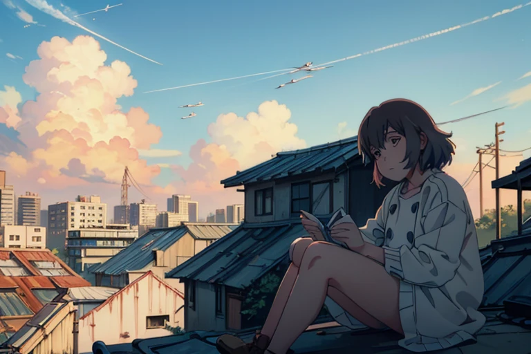 Anime girl sitting on her rooftop writing in her diary about her new boyfriend, on a hot summers day leaning against a warm concrete rooftop wall, a bustling anime city scape below, pigeons on the roof, jet contrail in the sky, high puffy clouds blue skies, highly detailed anime art style, impressionist art style, 8k resolution,