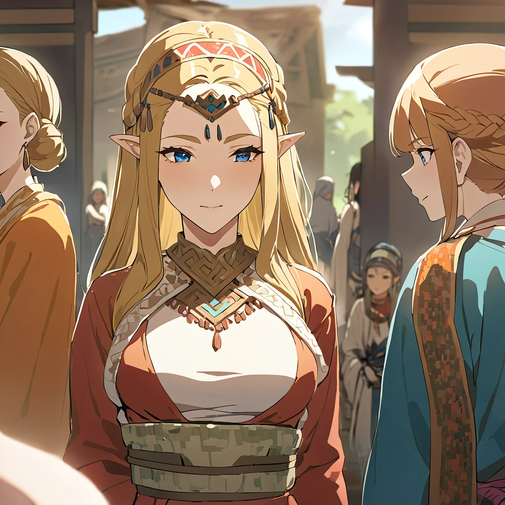 ((Highest quality)), ((masterpiece)), (detailed), （Perfect Face）、The woman is Queen Zelda of the Gerudo tribe, blonde with blue eyes.、The woman is wearing the traditional Gerudo costume and is chatting with other Gerudo women.