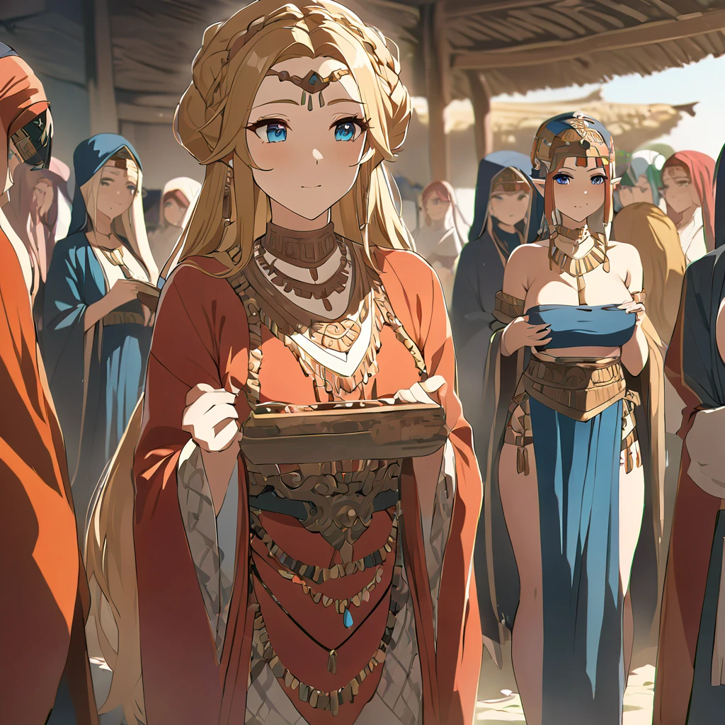 ((Highest quality)), ((masterpiece)), (detailed), （Perfect Face）、The woman is Queen Zelda of the Gerudo tribe, blonde with blue eyes.、The woman is wearing the traditional Gerudo costume and is chatting with other Gerudo women.