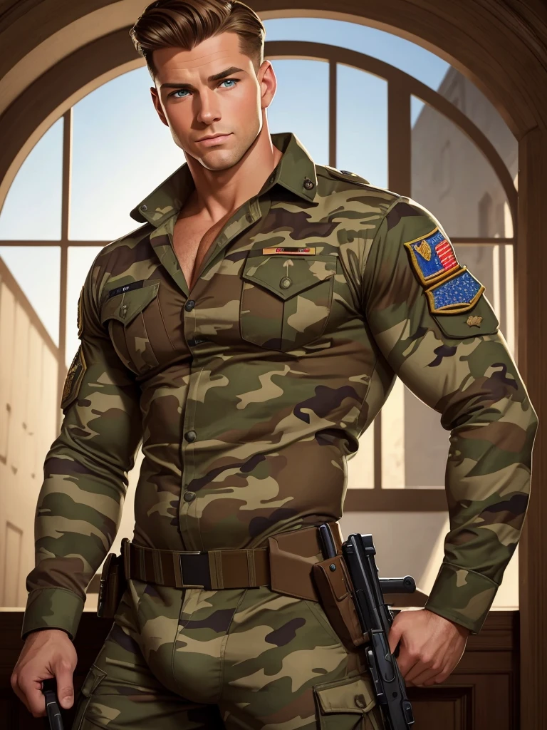 illustration in Leyendecker style; Wide Angle,8K True-to-Life Picture Quality, Handsome, man, blue eyes,Wearing tight camouflage clothing, Soldier, , barracks, Big bulge, muscular, Pectoralis major,Swelling of chest muscles,Excellent J8, broad-minded,Perfect facial details,Sexy and charming expression