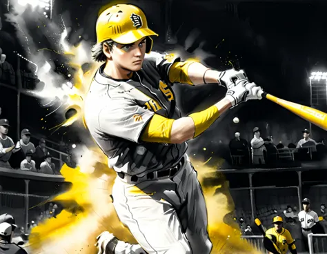 charcoal work of art, ((using only black, white and yellow1.5)) masterpiece, a ((baseball player: 1.5)),  hitting a home run in ...