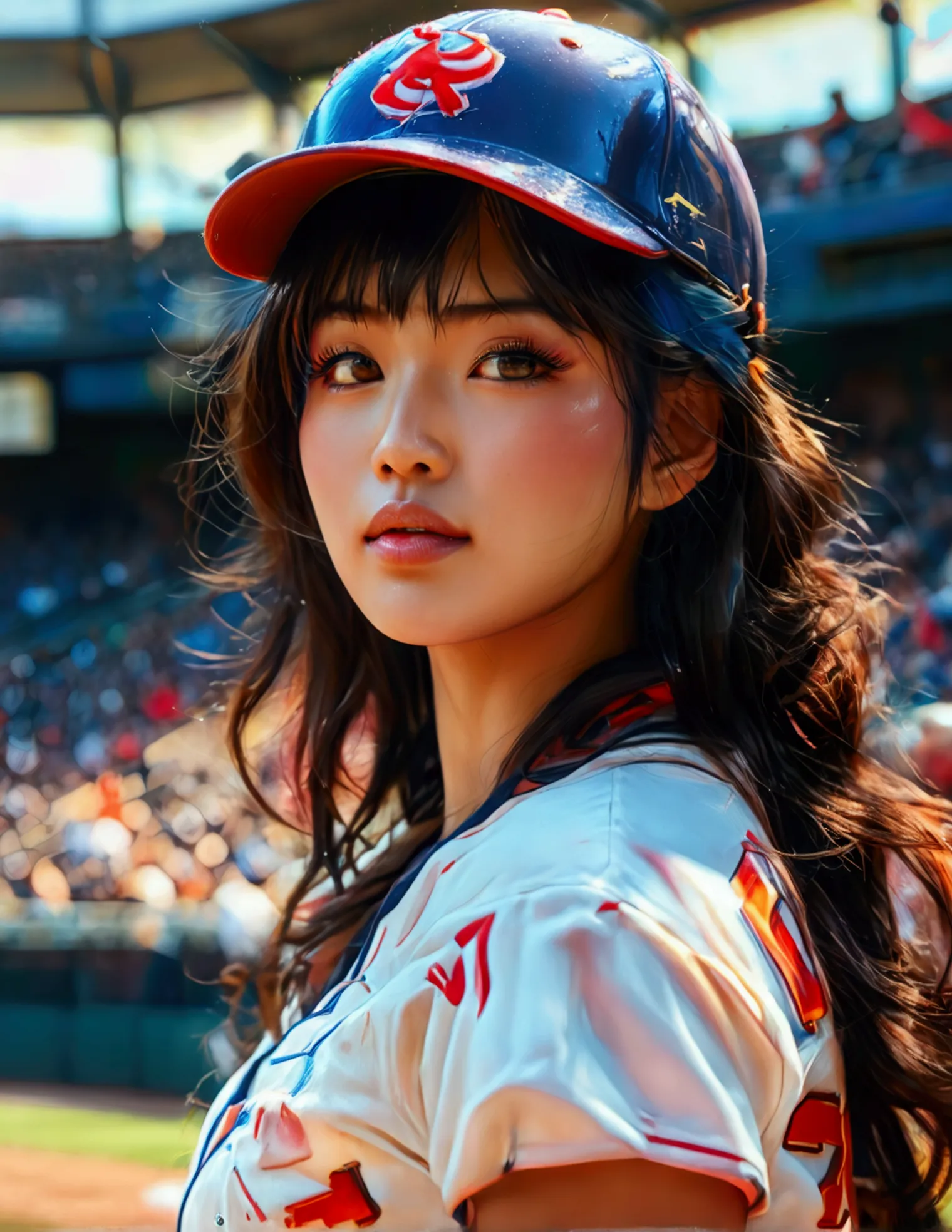 a beautiful japanese woman in a foxy baseball uniform, pitching a ball, detailed facial features, beautiful eyes, detailed lips,...