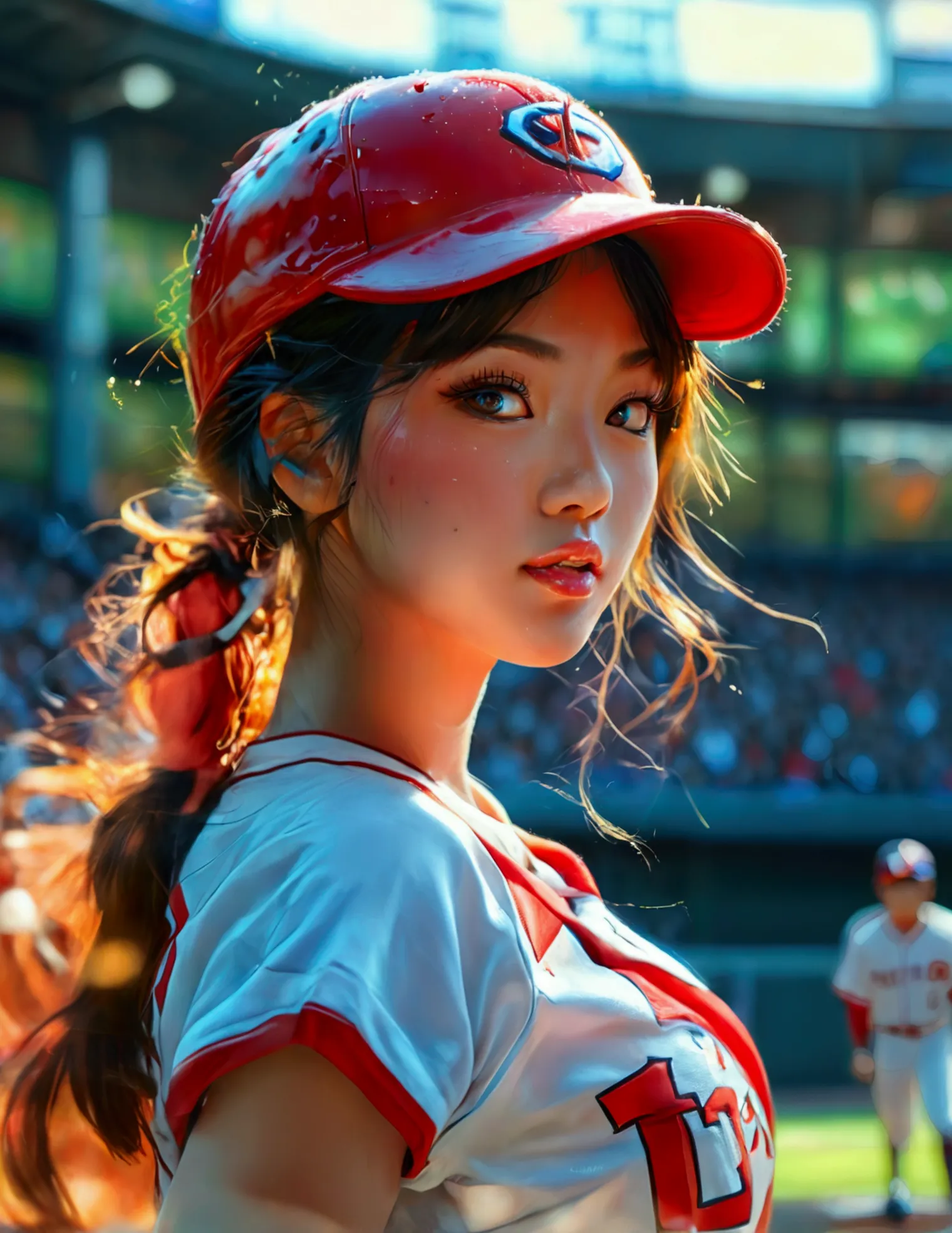 a beautiful japanese woman in a foxy baseball uniform, pitching a ball, detailed facial features, beautiful eyes, detailed lips,...