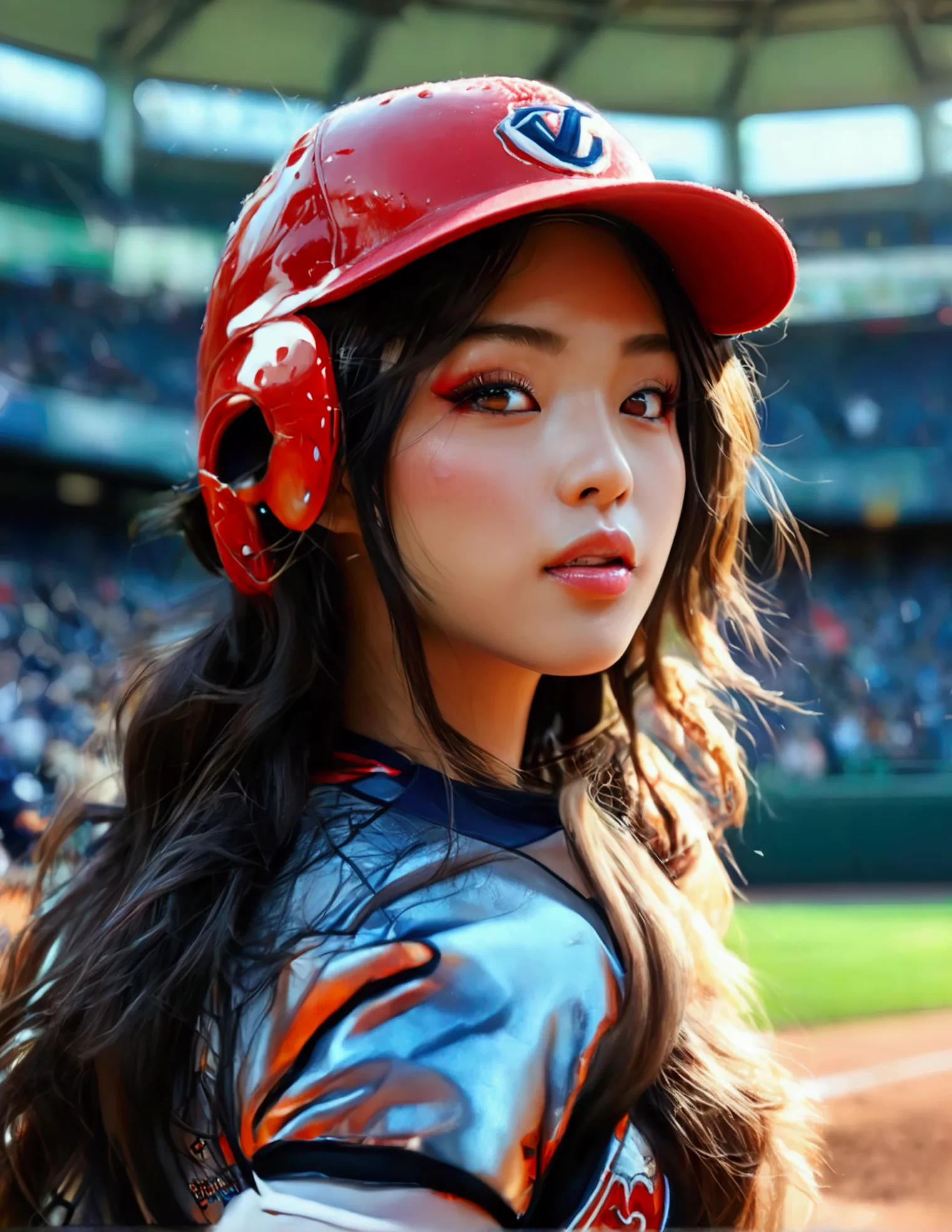 a beautiful japanese woman in a foxy baseball uniform, pitching a ball, detailed facial features, beautiful eyes, detailed lips,...