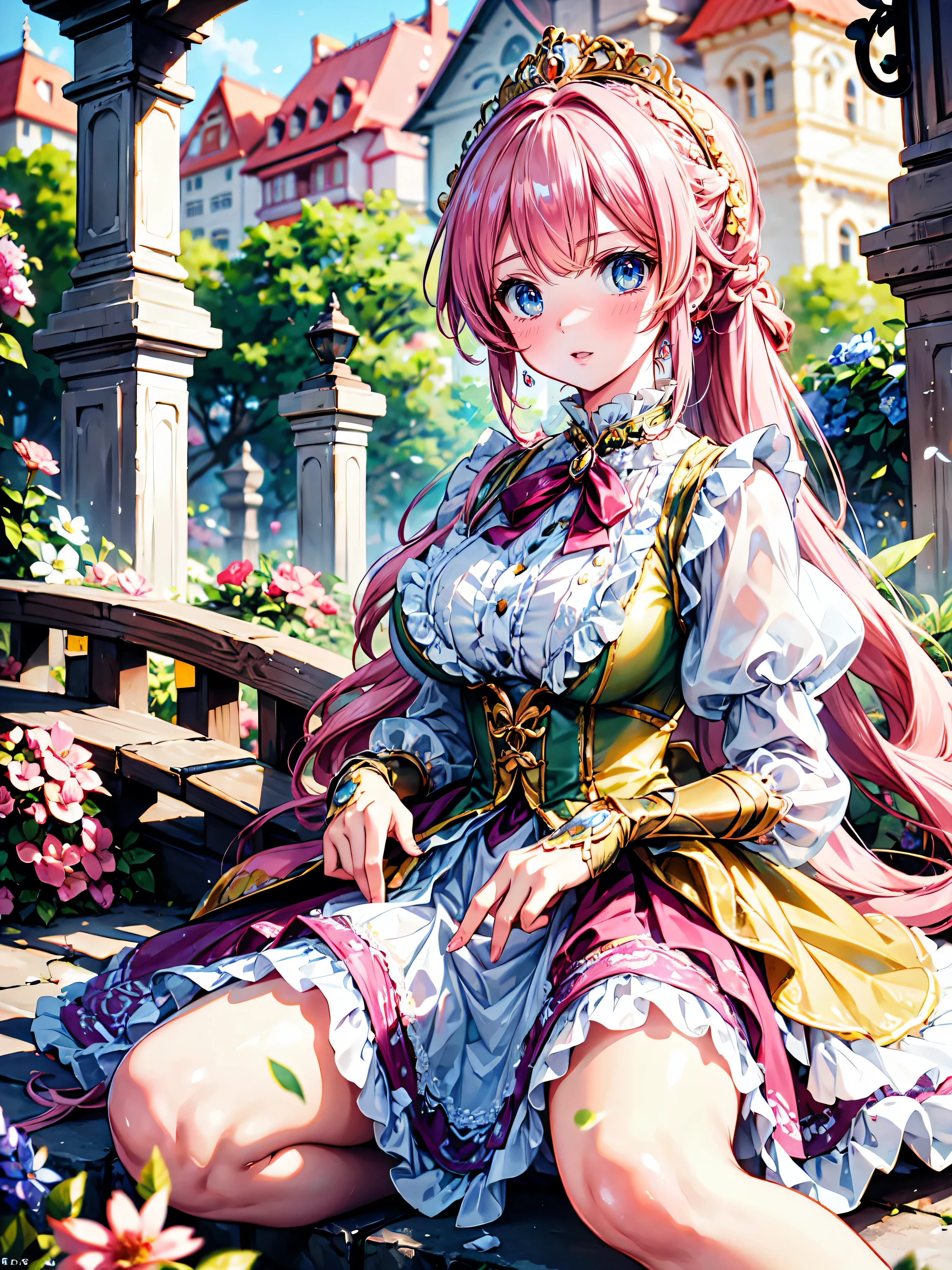 anime moe art style, ((Masterpiece, ultra detailed, exquisite quality)), (((young face solo princess))), (dress light yellow dress), (((ultra elaborate gorgeous rococo victorian gown with voluminous hoopskirt and long hems and lot of frills and pleats dense lace and cute ribbon, princess style skirt, ultra lovely gown))), (((hair pink hair))), ((fluffy long ponytail)), (Expressive very voluminous hair), ((huge breasts)), breasts cleavage, (((lying on one's back, spread legs, front view))), super delicate face, kawaii face, (hyper detail delicate eyes, hyper beautiful eyes), (eyes blue eyes), (((So lot's of colorful flowers:1.2))), ((face focus, eyes focus, blurry background:1.5)), (isometric 3D, octane render:1.5), particle effect,