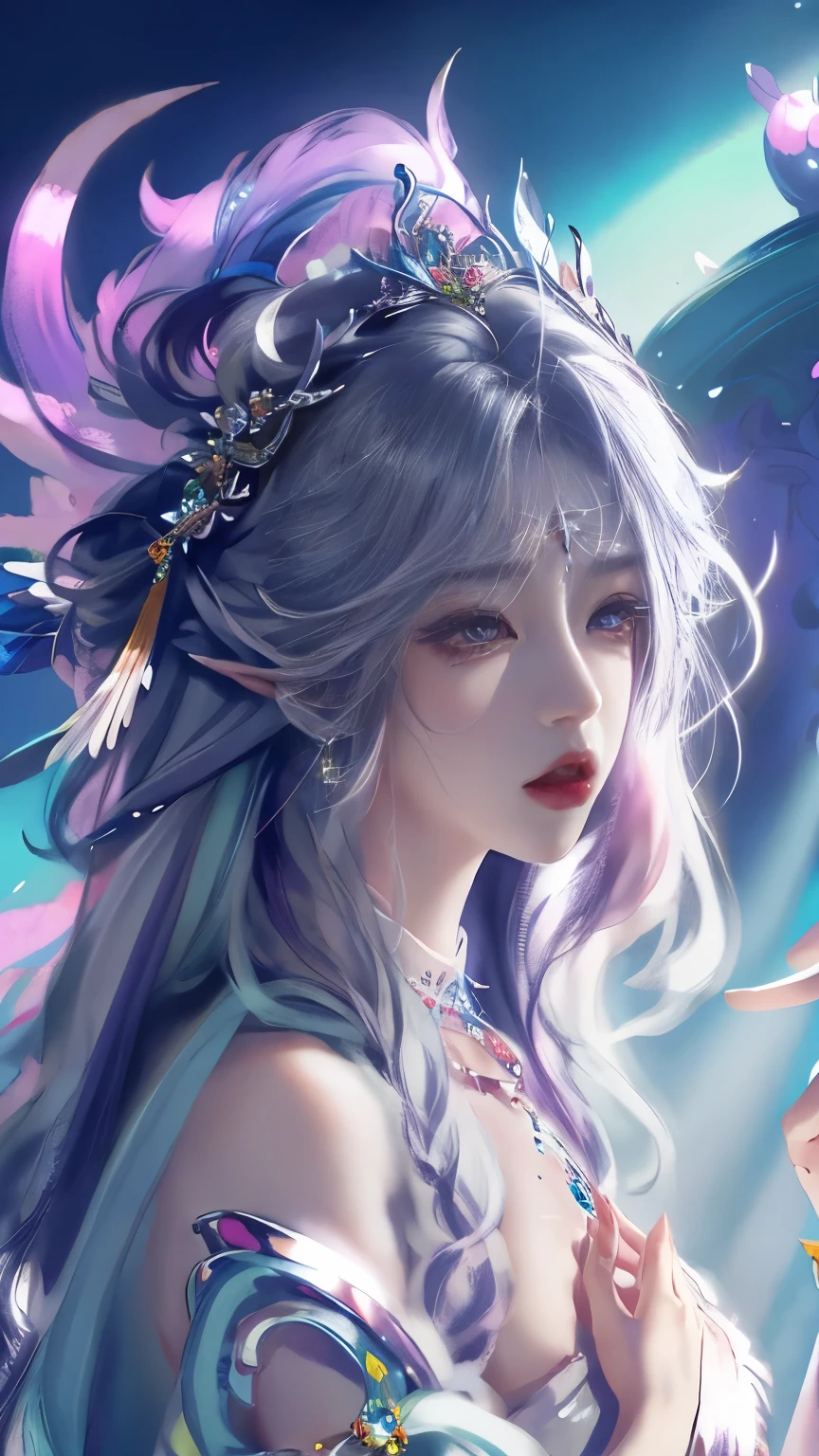 Close-up of a woman with rich and colorful hair and necklace, Anime girl with cosmic long hair, The soft vibrancy of Rossdraws, Guvez-style artwork, Fantasy art style, rich and colorful], Vibrant fantasy style, Rossdraws Vibrant cartoons, cosmic and rich and colorful, Gu Weiss, rich and colorful digital fantasy art, Stunning art style, Beautiful anime style, Full body lighting, Skin brightening, Sexy expressions
