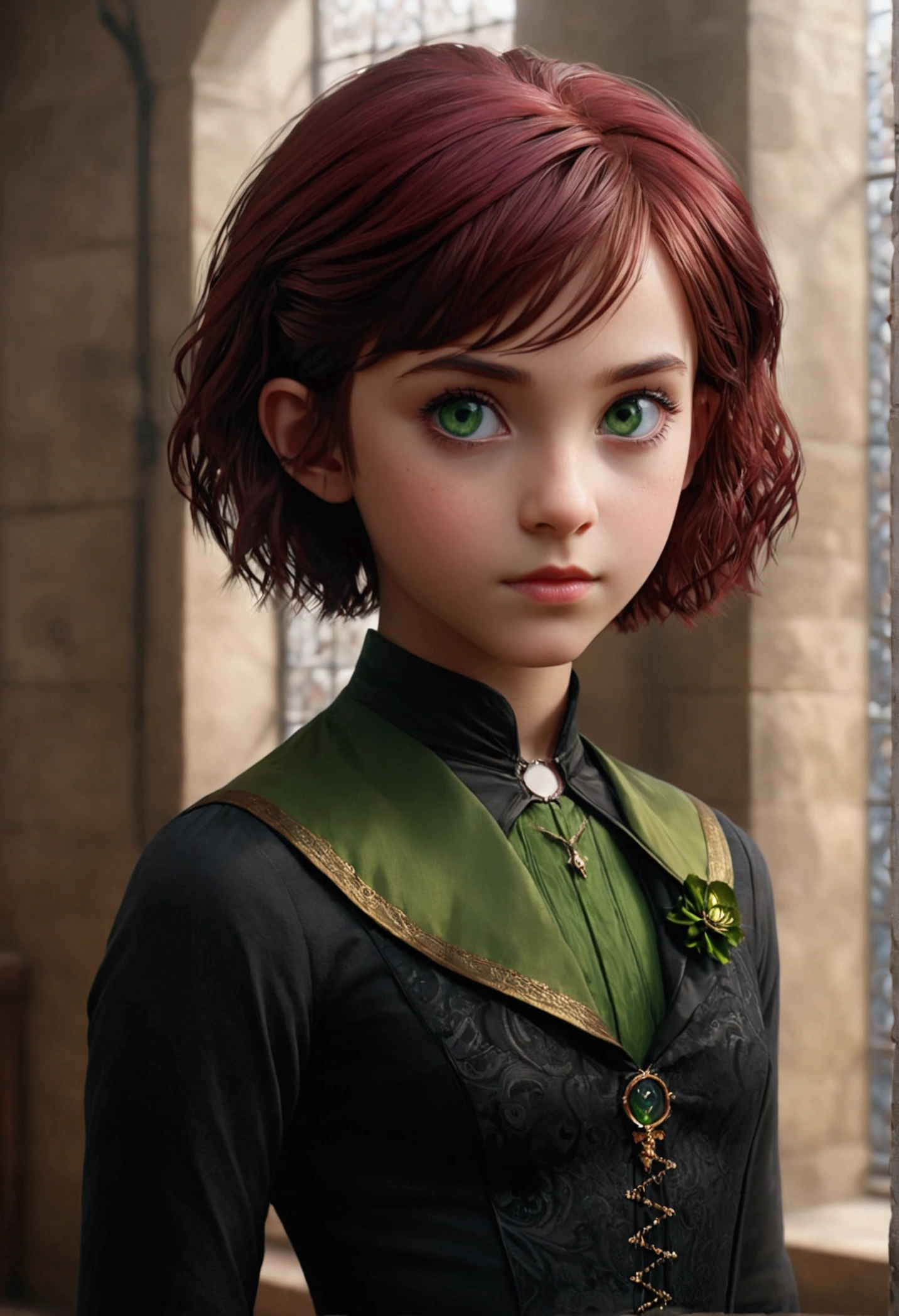 daughter of severus snape, (best quality,4k,8k,highres,masterpiece:1.2),ultra-detailed,realistic,portrait of a beautiful 10-year-old teen with 1girl, SHION, dark-red hair, green eyes, pixie cut, asymmetric bangs, small brests, Short height, gold hairclip,
